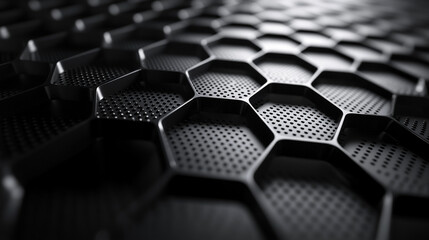 Abstract close-up view of a black honeycomb metal pattern.