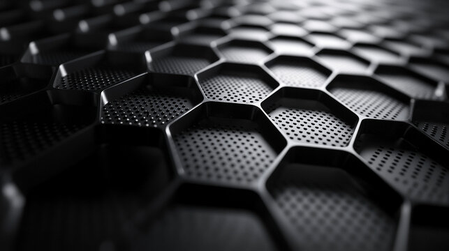 Abstract close-up view of a black honeycomb metal pattern.