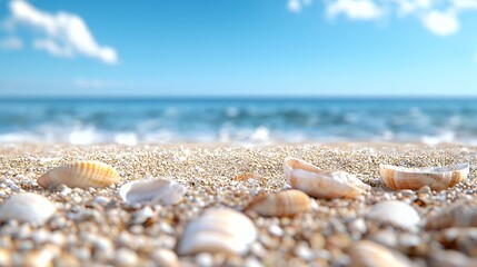 Obraz premium Beach Seashells on Sand with Ocean and Sky Background