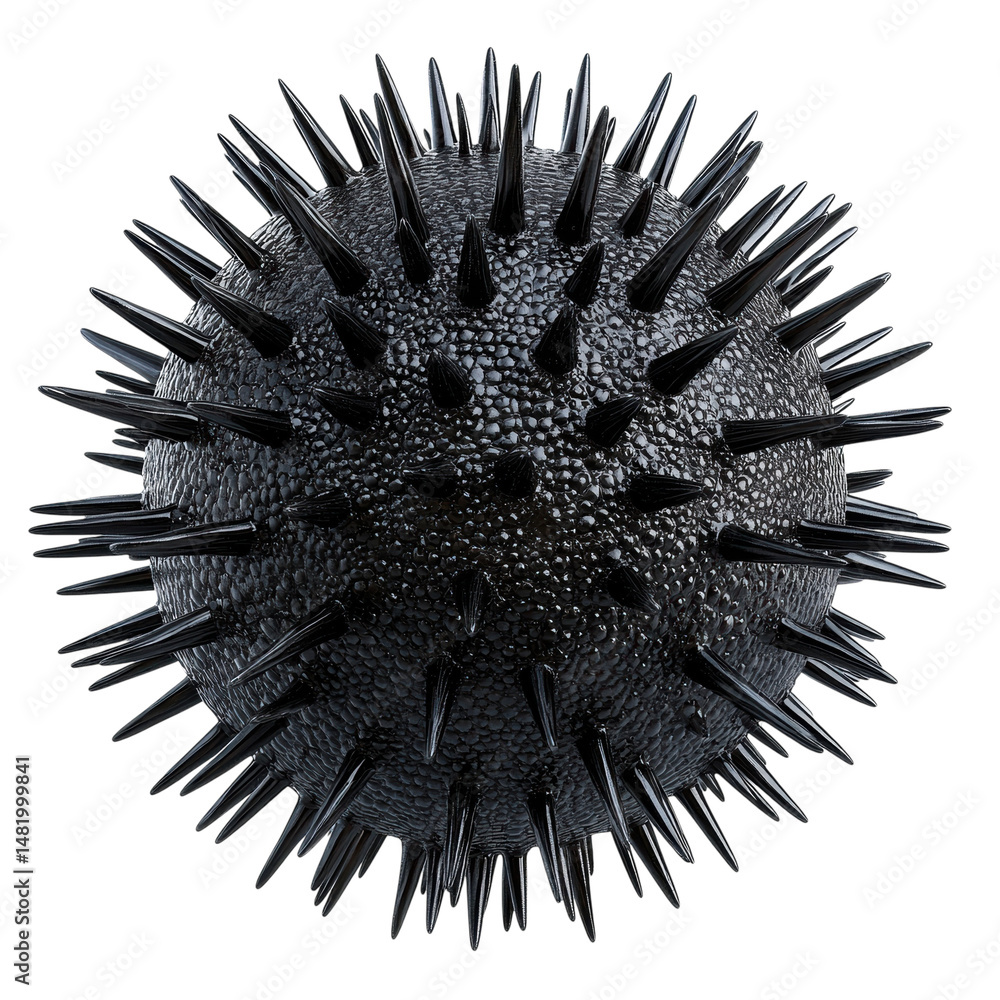 Poster obsidian sphere sharp spikes dark texture 3d render black glossy abstract on transparent background