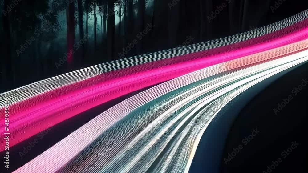 Poster vibrant colorful light trails weaving through a dark forest in blurred motion for a dynamic abstract