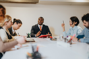 A group of people brainstorming ideas and exchanging feedback around a conference table, showcasing effective teamwork and collaboration in a modern office setting.