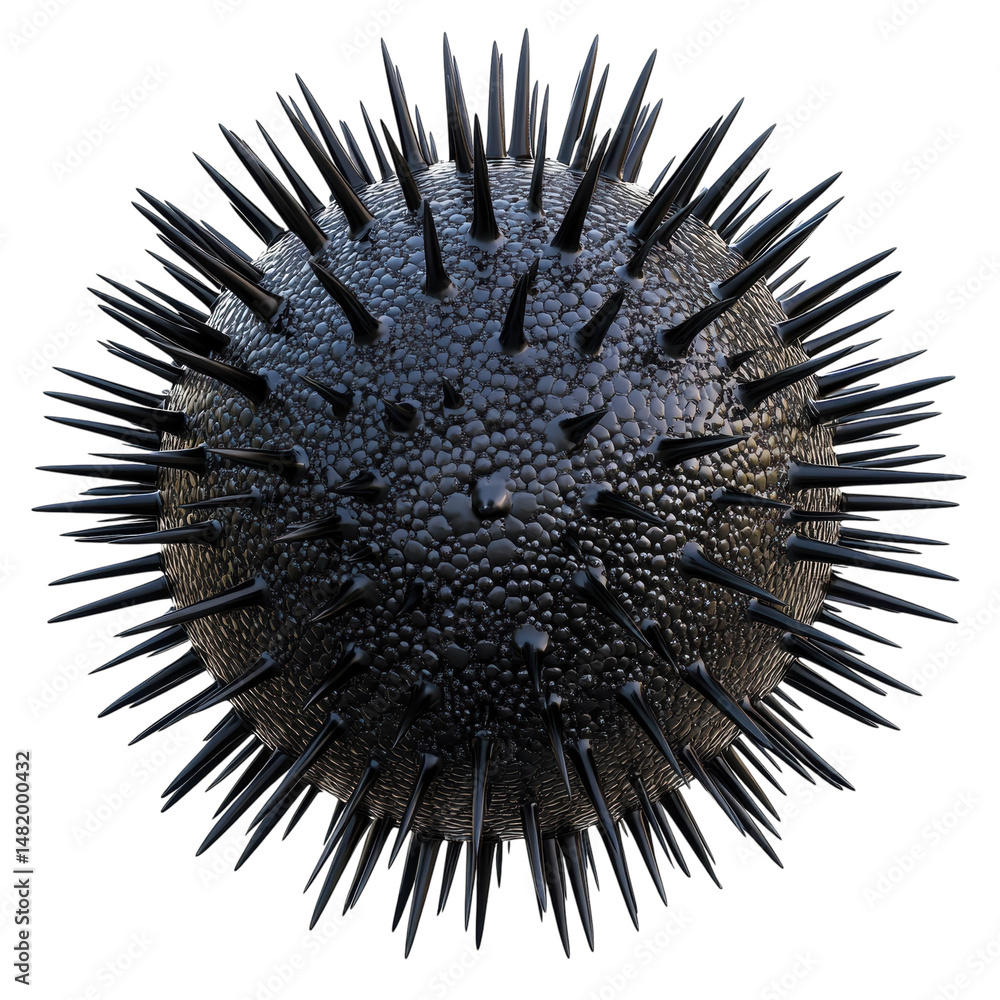 Poster obsidian orb dark spiky sphere textured surface 3d render black sharp on transparent background