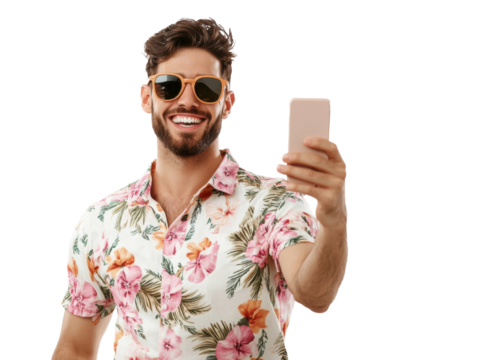 Cheerful man taking a selfie in a floral shirt and sunglasses, cut out transparent