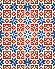This vibrant geometric pattern showcases repeating shapes in red, blue, and white, creating an eye-catching design ideal for textiles or decor