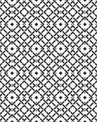 Fototapeta premium This design showcases an intricate pattern composed of various geometric shapes like diamonds and squares in black against a white backdrop