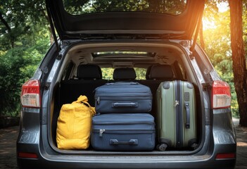 Open suv trunk packed with colorful luggage for summer family vacation