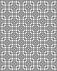 A striking geometric pattern showcases interlocking black squares arranged on a crisp white background, forming a repetitive design