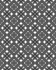 Detailed black and white geometric design showcases repeating diamond shapes filled with unique patterns, creating a striking visual effect