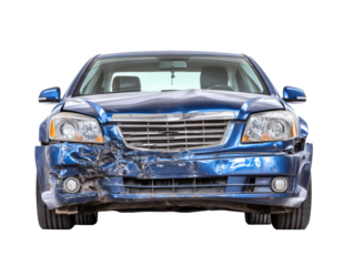 Damaged blue car with front end collision at accident site, cut out transparent