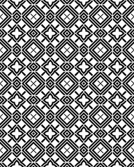 Detailed black and white geometric pattern featuring squares, diamonds, and floral shapes arranged in a repetitive design