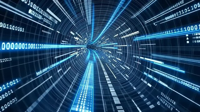 A digital tunnel made of binary code and glowing blue lines