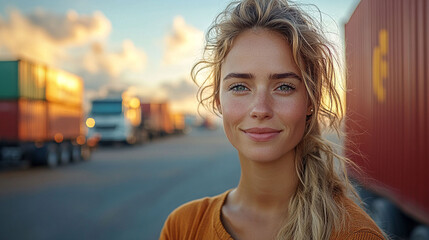 Portrait of a smiling young woman outdoors with trucks and shipping containers in the background.