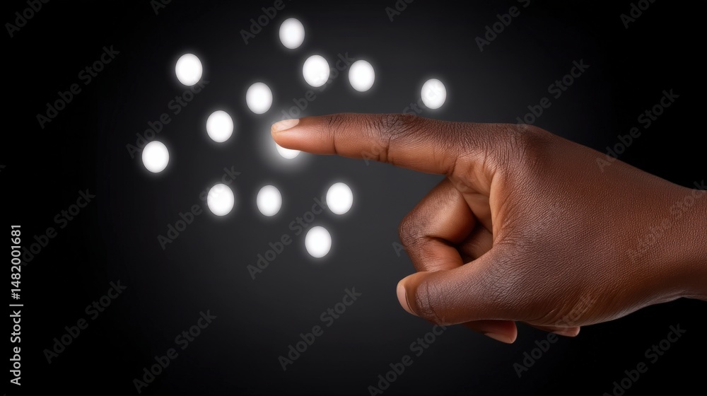 Poster a hand reaching out and selecting light spheres against a dark background portraying digital interac