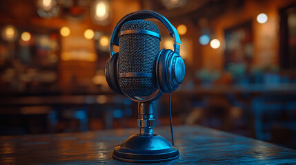Vintage microphone with headphones on wooden table in a cafe.
