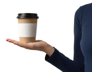 A product mockup in a hand holding a cup, with a white space in it for branding or logo placement, simple blue color background, no text, high quality
