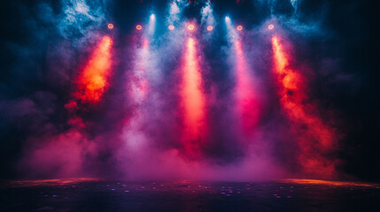 Vibrant stage lighting with colorful spotlights and fog.