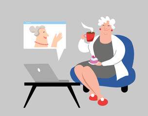 Video call. Vector illustration of a woman  talking with her elderly friend via computer from home in trendy flat style.