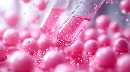 Pink liquid in test tubes surrounded by spheres.