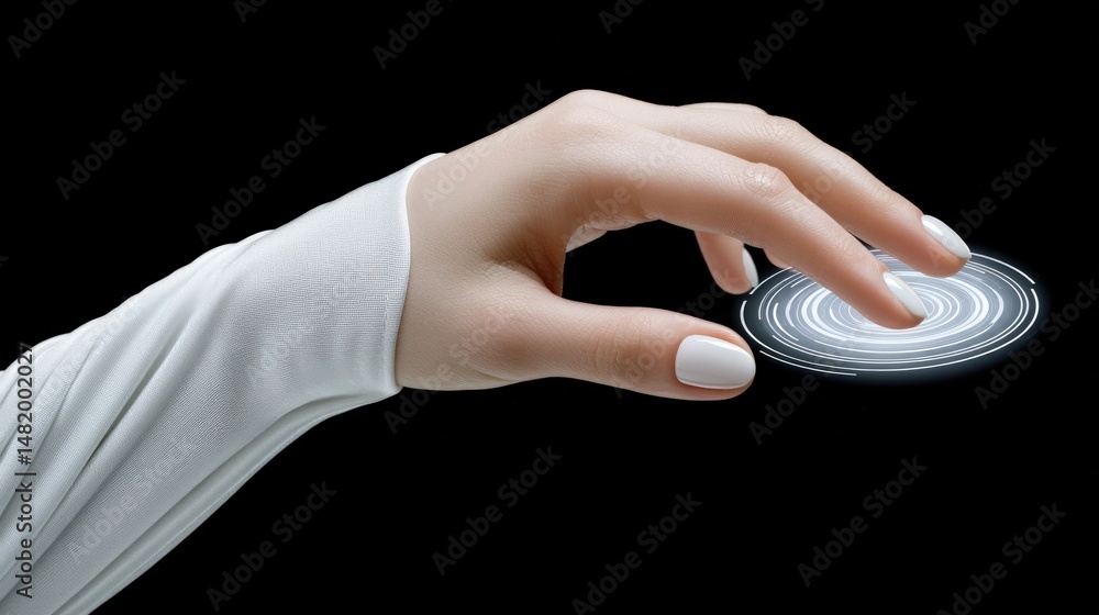 Poster innovative human hand interacting with futuristic glowing interface showcasing advanced technology i