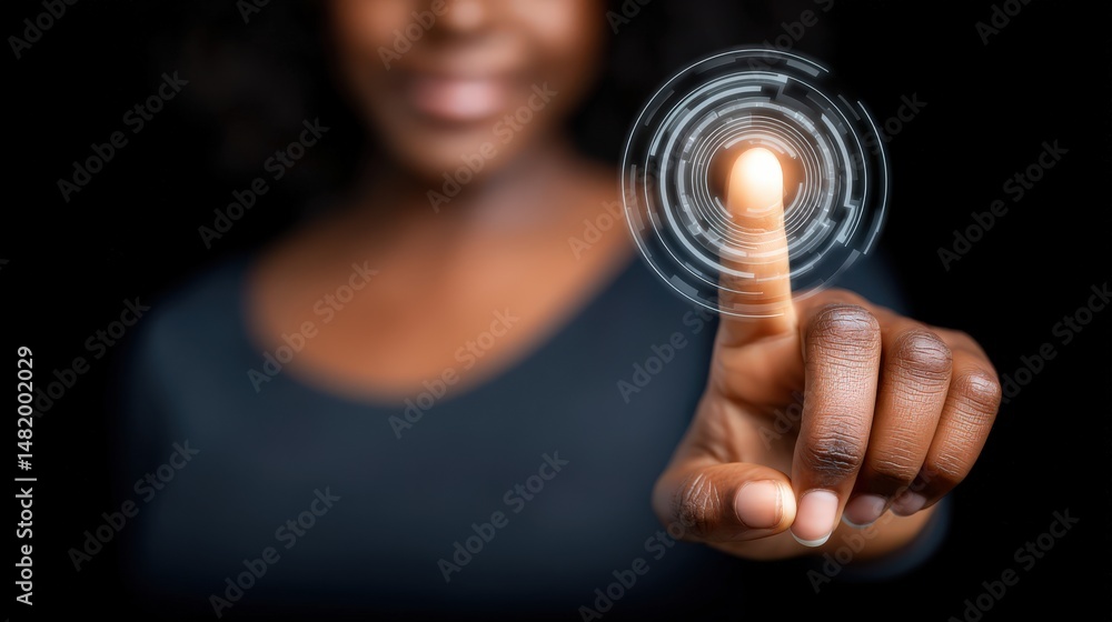 Poster a confident woman interacting with a digital touch interface creating circular patterns in a dark se