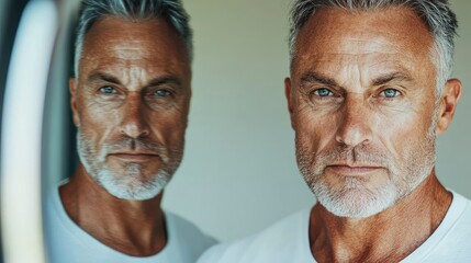 A senior man watching himself turn back time in the mirror, revealing his youthful reflection.