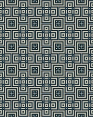 Detailed geometric design showcases interlocking squares and cross patterns in a soothing, balanced layout of dark and light shades