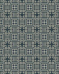 Intricate geometric pattern showcases interlocking squares and linear designs, creating a visually dynamic texture in muted tones