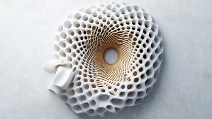 A textured, honeycomb-like structure with a central vortex, a smooth base, and intricate holes