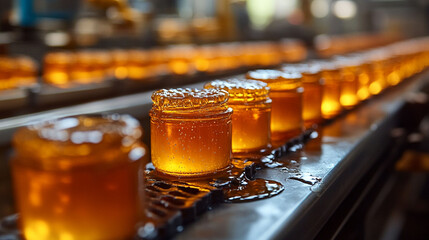 Glass jars of golden syrup or jam on a conveyor belt in a food processing factory.