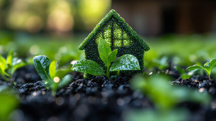 Green house model on fertile soil with young plants, suggesting sustainable living and eco-friendly home.