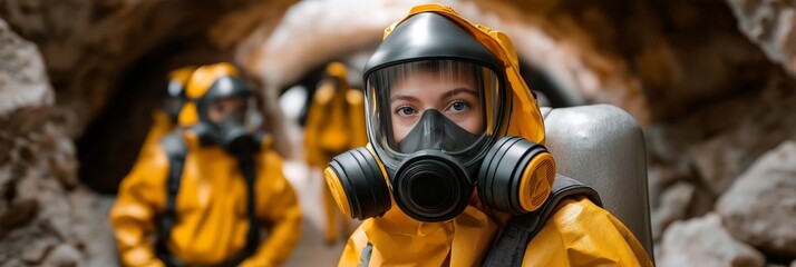 Radiation suits emergency concept. Hazmat workers in protective suits exploring a tunnel.