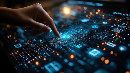 Hand touching a glowing digital circuit board with biometric data.