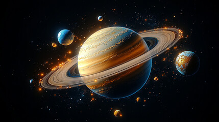 Celestial system with ringed planet and surrounding asteroids.