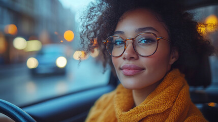 Smiling woman in eyeglasses driving a car at night.