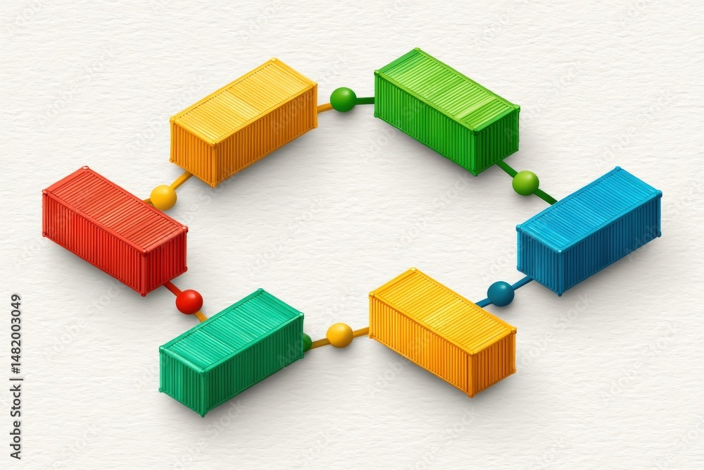 Poster creative geometric arrangement of colorful shipping containers interconnected with unique nodes repr