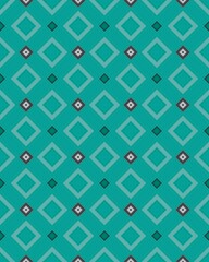 This design showcases a vibrant geometric pattern with alternating diamond shapes and zigzag lines on a teal backdrop, creating visual interest