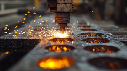 Industrial metal cutting process with sparks and flames.