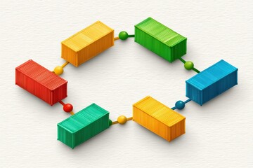 Fototapeta premium Creative geometric arrangement of colorful shipping containers interconnected with unique nodes representing logistics planning and supply chain management strategies in a refined design concept