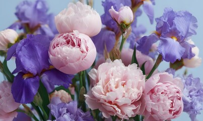 Fototapeta premium fully filled background of peonies and irises, Generative AI