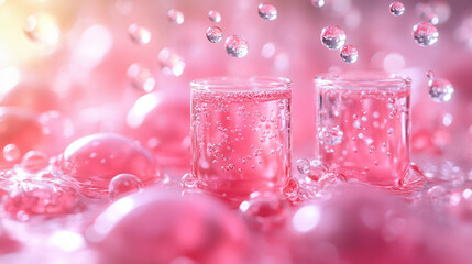 Two clear cylindrical glasses filled with a pink, bubbly liquid, surrounded by large, pink bubbles and water droplets; vibrant, soft, and artistic.