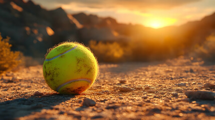 A weathered tennis ball rests on dusty ground at sunset.