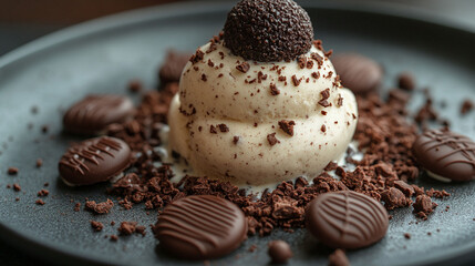 Creamy vanilla ice cream topped with a chocolate truffle, garnished with chopped chocolate pieces and chocolate candies.