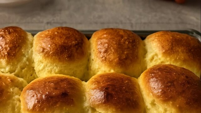 Golden brown dinner rolls baked in a rectangular metal pan. Freshly baked, soft and fluffy bread rolls, ready to be served or enjoyed for lunch.