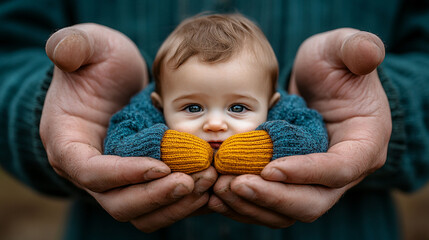 A baby held gently in large hands.