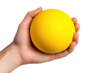 Holding a bright yellow ball in a hand during playful moments, cut out transparent
