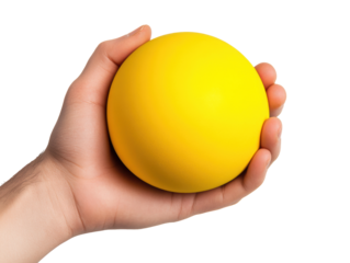 Holding a bright yellow ball in a hand during playful moments, cut out transparent
