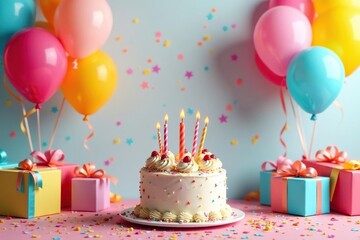Colorful birthday party decorations, balloons, cake, presents, streamers, confetti , balloons, party theme