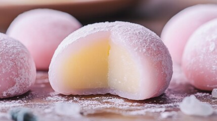 Close-Up Cut of Daifuku Mochi Revealing Sweet Cream Filling