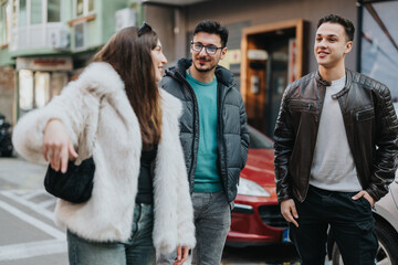 A group of friends bonded by good vibes, enjoying an urban environment and socializing outdoors.